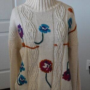 Vintage Parrinello Women's Floral Embroidered Turtleneck Sweater size Small